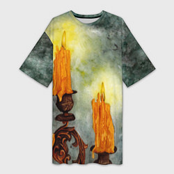 Футболка женская длинная Две горящие свечи в темноте, цвет: 3D-принт