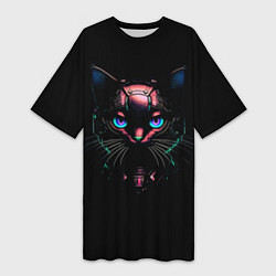 Женская длинная футболка Cyber cat неоновые глаза