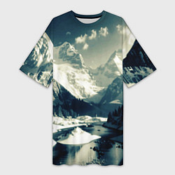 Женская длинная футболка Река и горы снежные пейзаж