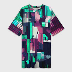 Футболка женская длинная Абстракция бирюзовый с розовым геометричный, цвет: 3D-принт