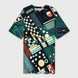 Футболка женская длинная Тёмно-синий абстракция полосы кружочки, цвет: 3D-принт