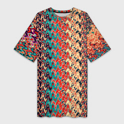 Футболка женская длинная Красно-синий искажённые полосы узор, цвет: 3D-принт