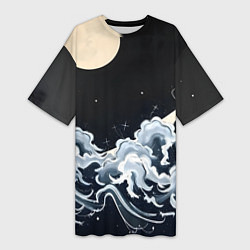 Женская длинная футболка Японские волны и луна