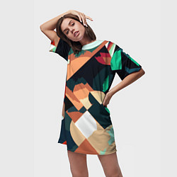 Футболка женская длинная Сине-бежевый абстракция, цвет: 3D-принт — фото 2