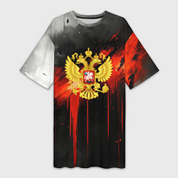 Женская длинная футболка Герб России - красная краска на черном