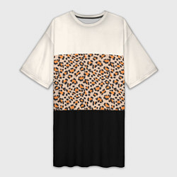 Футболка женская длинная Леопардовый паттерн с черной и бежевой полосой, цвет: 3D-принт