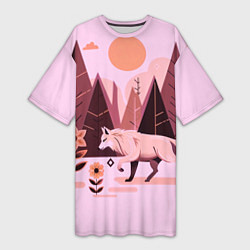 Футболка женская длинная Волк и магический цветок, цвет: 3D-принт