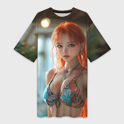 Женская длинная футболка Рыжая девушка в купальнике