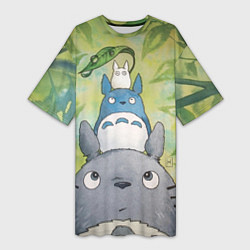 Женская длинная футболка Тоторо в лесу акварель