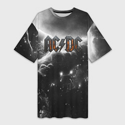 Футболка женская длинная ACDC металлический лого черно-белая текстура, цвет: 3D-принт