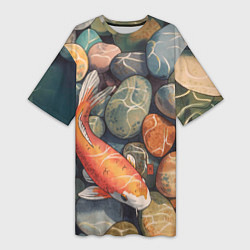 Женская длинная футболка Акварельный Кои карп и камушки галька