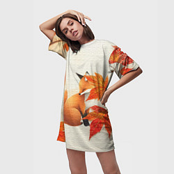 Футболка женская длинная Лиса под осенними листьями, цвет: 3D-принт — фото 2