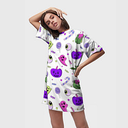 Футболка женская длинная Halloween purple pumpkin pattern, цвет: 3D-принт — фото 2