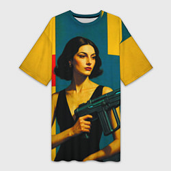 Женская длинная футболка Девушка с ретрофутуристическим автоматом поп-арт 1