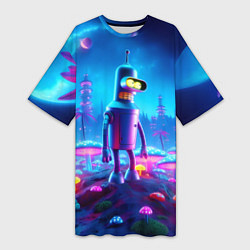 Футболка женская длинная Бендер на сказочной неоновой грибной планете - ней, цвет: 3D-принт