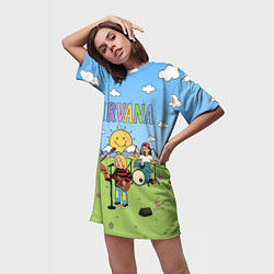 Футболка женская длинная Nirvana мультяшный стиль на поляне, цвет: 3D-принт — фото 2