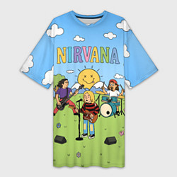 Женская длинная футболка Nirvana мультяшный стиль на поляне