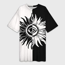 Женская длинная футболка Солнце черно-белое