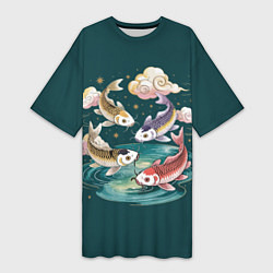 Женская длинная футболка Рыбы в облаках над прудом