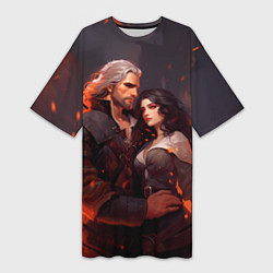Женская длинная футболка Йеннифэр и Ведьмак среди огня