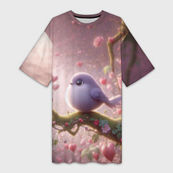 Футболка женская длинная Маленькая фиолетовая птица с сердечками и цветами, цвет: 3D-принт
