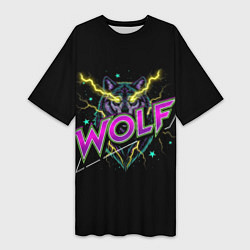 Футболка женская длинная Голова волка со светящимися желтыми глазами, цвет: 3D-принт