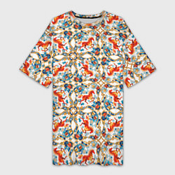 Футболка женская длинная Орнамент с лошадью - символом Нового 2026 года, цвет: 3D-принт