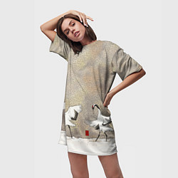 Футболка женская длинная Журавли зимняя акварель, цвет: 3D-принт — фото 2