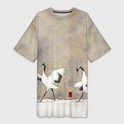 Женская длинная футболка Журавли зимняя акварель