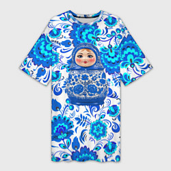 Футболка женская длинная Русская матрёшка в гжельских узорах, цвет: 3D-принт