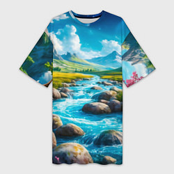 Футболка женская длинная Пейзаж художественный горы речка камни, цвет: 3D-принт