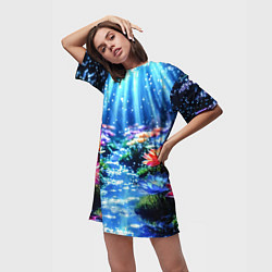 Футболка женская длинная Цветы на глубине освещённые лучами, цвет: 3D-принт — фото 2