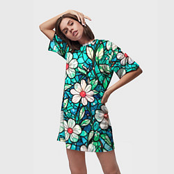 Футболка женская длинная Цветочный сине-зелёный витраж, цвет: 3D-принт — фото 2