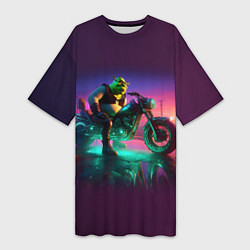 Футболка женская длинная Шрек на мотоцикле на закате - нейроарт фантазия, цвет: 3D-принт