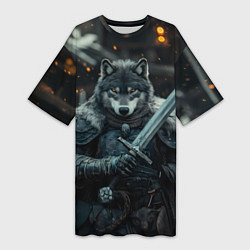 Футболка женская длинная Воин волк с мечом, цвет: 3D-принт