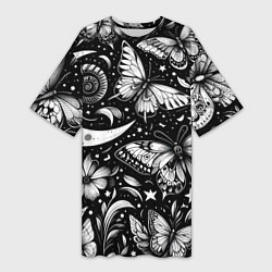 Женская длинная футболка Паттерн из бабочек цветов и луны - нейроарт