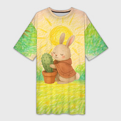 Женская длинная футболка Заяц обнимает кактус