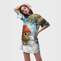 Футболка женская длинная Совушка в шапочке лепит снеговика, цвет: 3D-принт — фото 2