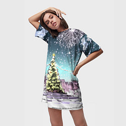 Футболка женская длинная Москва - новогодний салют, цвет: 3D-принт — фото 2