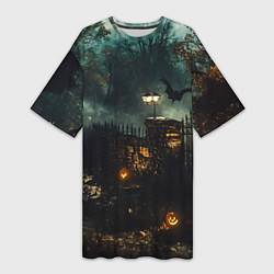 Футболка женская длинная Ночь тыкв и теней, цвет: 3D-принт