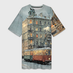 Женская длинная футболка Трамваи в зимнем Санкт-Петербурге