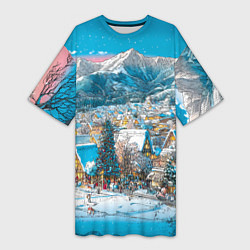 Женская длинная футболка Новогодняя деревушка в горах