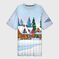 Футболка женская длинная Новогодник дворик, цвет: 3D-принт
