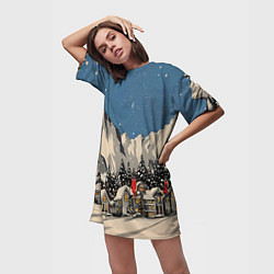 Футболка женская длинная Небольшой новогодний город в горах, цвет: 3D-принт — фото 2