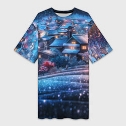 Футболка женская длинная Новогодний двор в блестках, цвет: 3D-принт