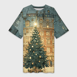 Женская длинная футболка Новогодний старый город