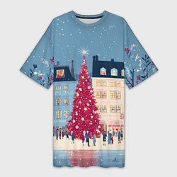 Женская длинная футболка Новогоднее гуляние у красной елки