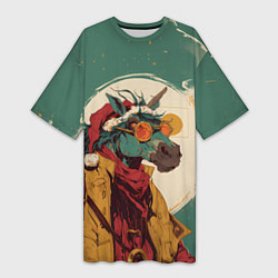 Футболка женская длинная Новогодний конь в желтых очках, цвет: 3D-принт