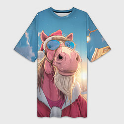 Футболка женская длинная Новогодний конь сэлфи, цвет: 3D-принт