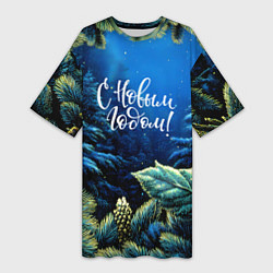 Футболка женская длинная С новым годом - елочные ветки, цвет: 3D-принт